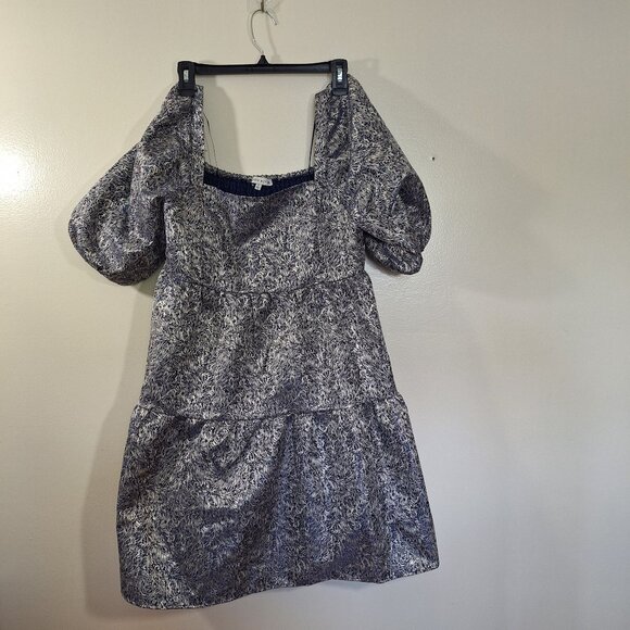 MOON RIVER Womens Cut Out Check Pouf Sleeve Round Neck Mini Sheath Dress